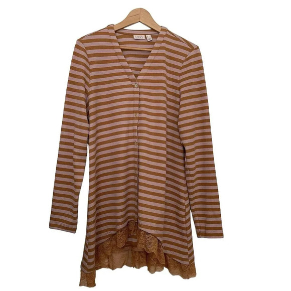 LOGO by Lori Goldstein Waffle Knit Cardigan Stripe Lace Trim Size Large - Picture 6 of 6